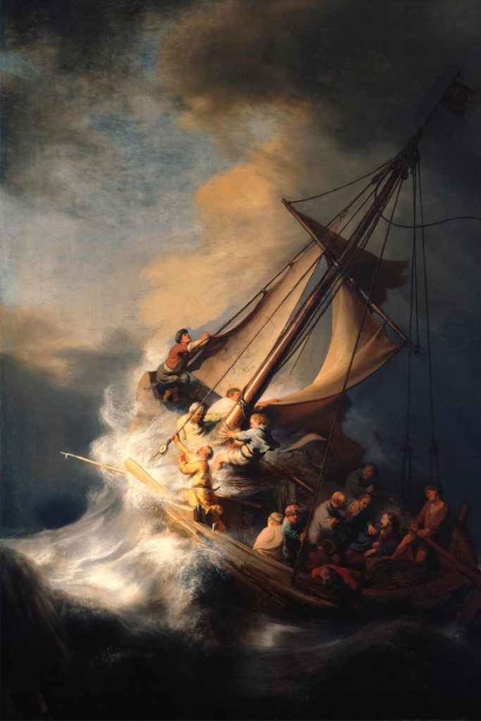Peinture de Rembrandt qui représente le Christ sur un bateau à voile, au cœur d'une tempête, sur le lac de Galilée